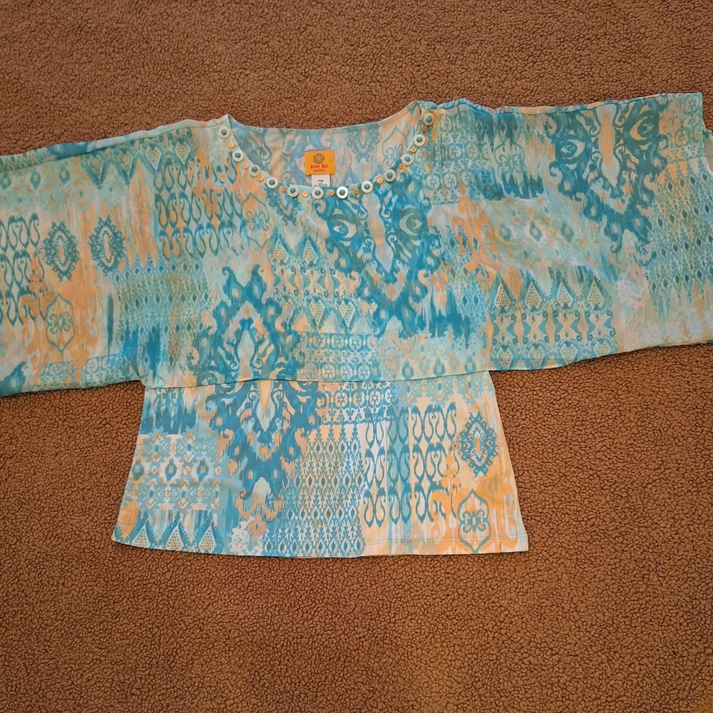Ruby Red Blue & Peach Patterned Boho Blouse